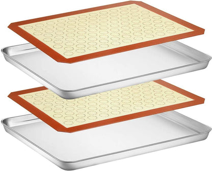 Wildone Baking Sheet with Silicone Mat Set, Set of 4 (2 Sheets + 2 Mats), Wildone Stainless Steel Cookie Sheet Baking Pan with Silicone Mat, Size 18 x 13 x 1 Inch, Non Toxic & Heavy Duty & Easy Clean