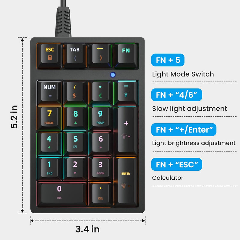 Purilite Select 21-Key Mechanical Numeric Keypad | RGB Backlit Blue Switch with Programmable Keys