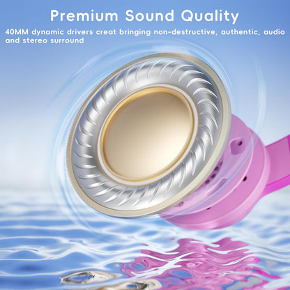 Kids Headphones, Wired Headphones for Kids Over Ear with Microphone, 85/94dB Volume Limiter Headphones for Girls Boys with Sharing Jack, Foldable Headphones for Online Study, Gradient Deep Pink