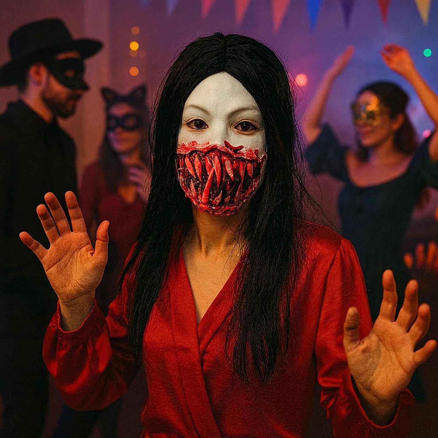 Bloodcurdling Zombie Woman Latex Mask – Realistic Gore Design with Long Black Hair, One Size for Adult Devotees