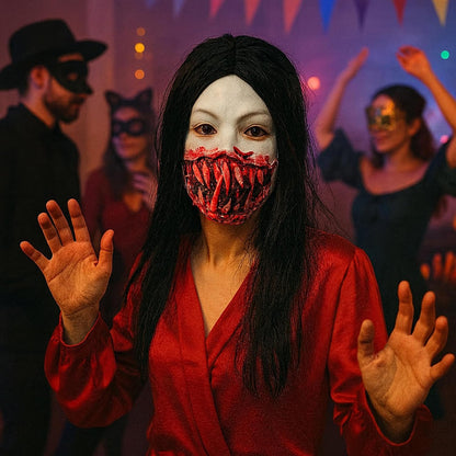 Bloodcurdling Zombie Woman Latex Mask – Realistic Gore Design with Long Black Hair, One Size for Adult Devotees