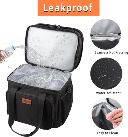 Expandable Large Lunch Bag, Double Deck Insulated Lunch Box Leakproof Durable Soft Cooler Bag for Men Women Adults Work Construction Beach Picnic Daytrip,16L,Black, GLENKEY
