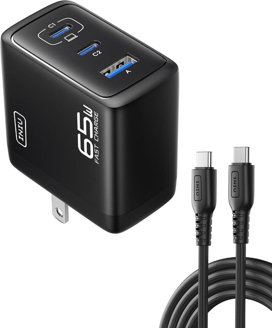 INIU USB C Charger Block, 3-Port 65W PD Fast Charging, Compact Type C Wall Charger with Foldable Plug, GaN Tech, for MacBook Pro/Air, iPhone 16, Samsung S25, iPad Pro, Laptop, Multiple Devices etc
