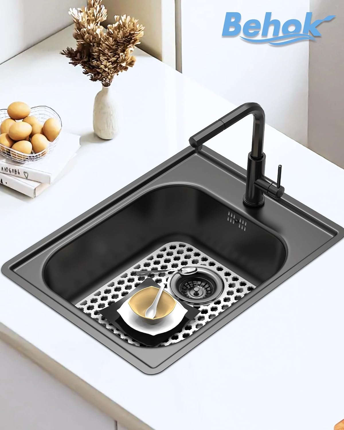 BEHOK 2 Pack Silicone Sink Protector for Kitchen Sink Bathroom Sink 13.58"x 11.6" Sink Mat, Non-Slip and Durable Silicone Sink Grid, Rear Drain (Gray)