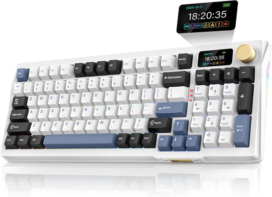 RedThunder K95 Wireless Mechanical Keyboard,TFT Screen & Knob, Tri-Mode BT5.0/2.4GHz/USB-C Hot Swappable Custom, Pre-lubed Linear Switches,Gasket Structure, RGB Gaming Keyboard for WIN/IOS, White-Blue