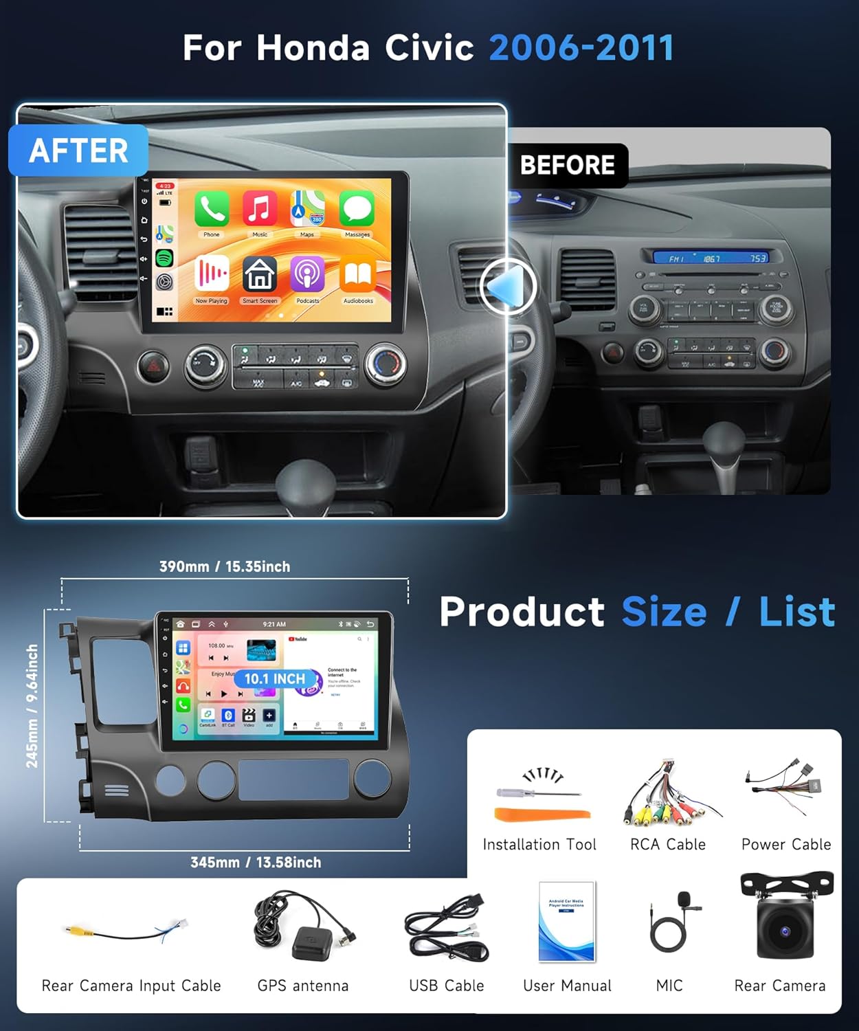 8 Core 6G 128G Android Car Stereo for Honda Civic 2006-2011 Wireless Carplay Android Auto, 10.1’’ Touchscreen Car Radio with Bluetooth GPS Navigation WiFi Mirror Link FM/RDS DSP AHD Backup Camera SWC