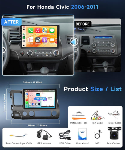 8 Core 6G 128G Android Car Stereo for Honda Civic 2006-2011 Wireless Carplay Android Auto, 10.1’’ Touchscreen Car Radio with Bluetooth GPS Navigation WiFi Mirror Link FM/RDS DSP AHD Backup Camera SWC