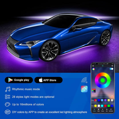 MAODANER Exterior Car Underglow LED Strip Lights – Universal RGB Neon Accent Lights, Music Mode, Waterproof IP67, Bluetooth App Control, Multicolor Underbody Lighting Kit (2×35" + 4×23") - PuriLite