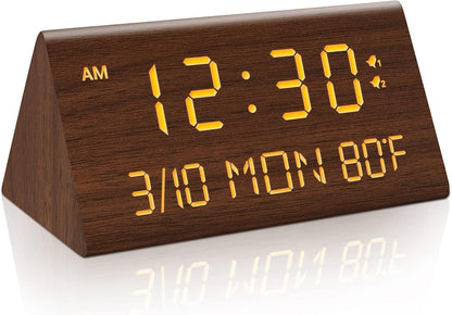 Kogonee Wooden Digital Alarm Clock, 0-100% Dimmer, 2 Alarm Settings, Weekday/Everyday Mode, 9 Mins Snooze, 12/24H, Temperature and Date Display for Office, Travel, Bedroom Alarm Clock (White)