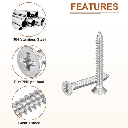 DTGN 100Pcs #8x1 Flat Head Wood Screws, 304 Stainless Steel Phillips Self Tapping Screws - Good for Woodworking, Furniture - Silver
