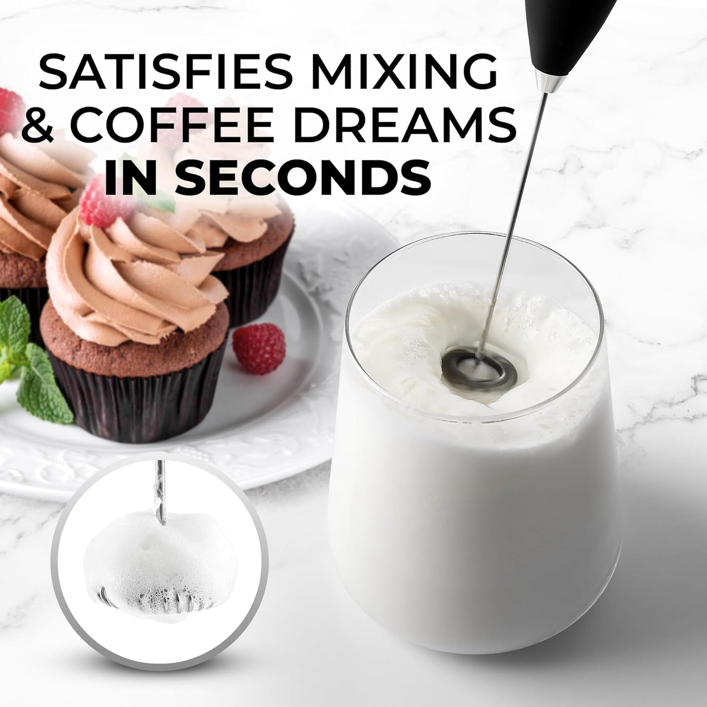 Zulay Kitchen Powerful Double Whisk Milk Frother Handheld - Foam Maker with Stand - Whisk Drink Mixer for Coffee, Mini Foamer for Latte, Matcha, Frappe, Hot Chocolate & Cappuccino (Black)