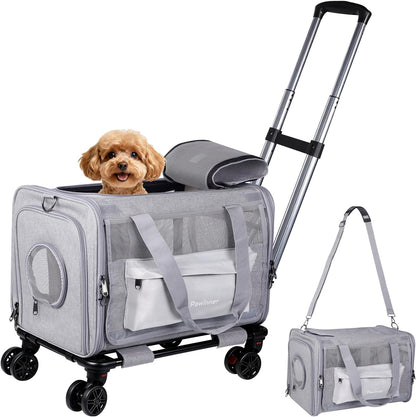 Pet Carrier Bag with Detachable Wheels for Cat or Small Dog, Grey | Travel Hand Portable Bag, Large, with Handle, Breathable Mesh, Ventilated, Airline approved, Collapsible, Locking Zipper
