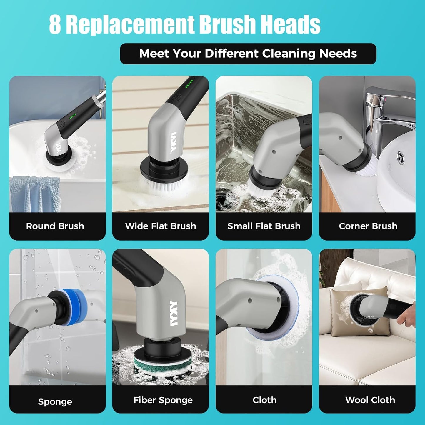 YKYI Electric Spin Scrubber,Cordless Electric Cleaning Brush,Shower Scrubber with 8 Replaceable Brush Heads,Power Scrubber 2 Adjustable Speeds,Bathroom Brush with Long Handle for Bathtub,Tile,Floor
