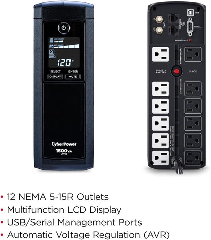 CyberPower CP1500AVRLCD3 Intelligent LCD UPS System, 1500VA/900W, 12 Outlets, 2 USB Ports, AVR, Mini Tower, Black