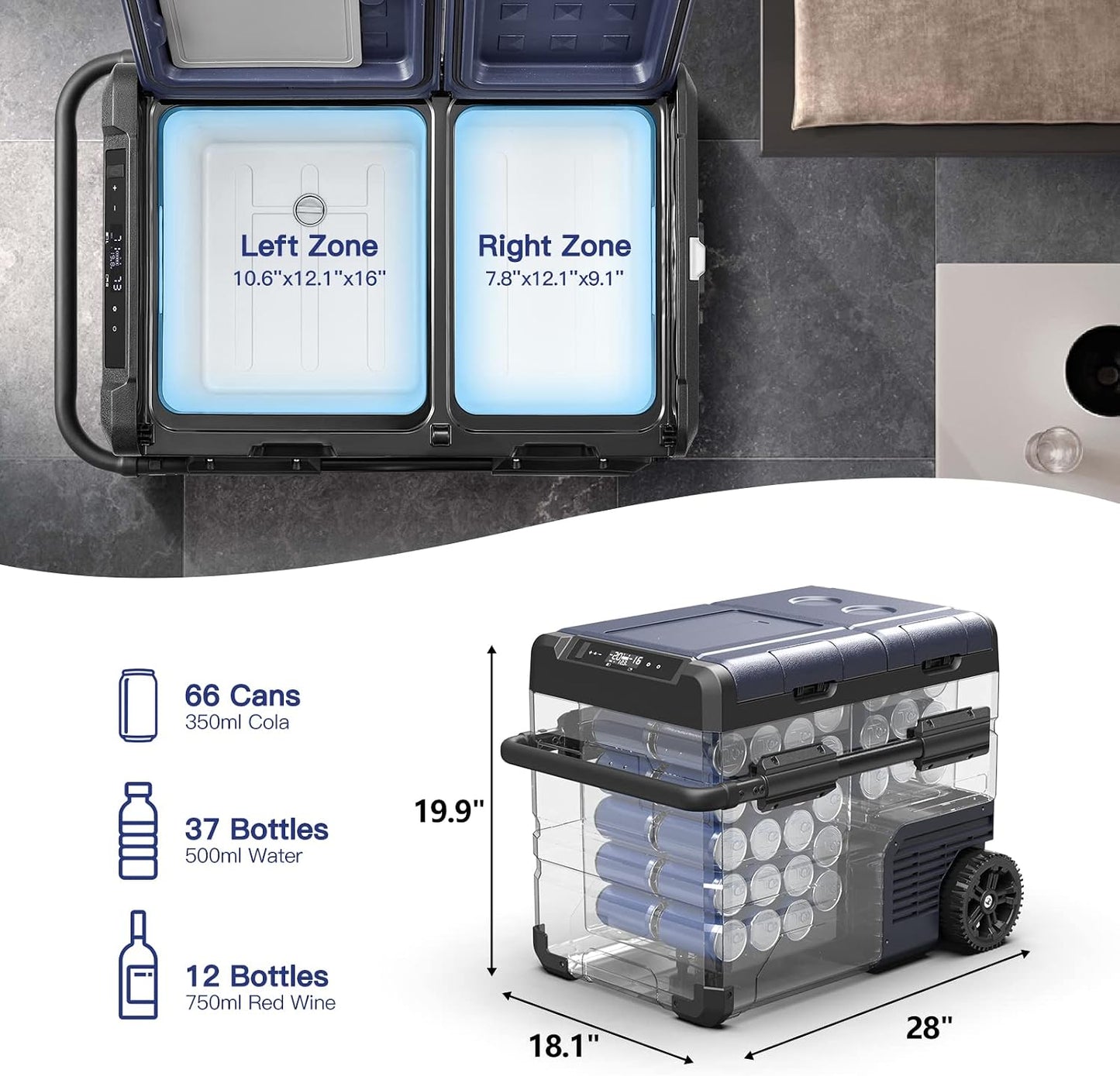 BODEGACOOLER 12V Portable Refrigerator Dual Zone 48 Quart, 45L Portable Car Fridge Freezer, -4℉-68℉℉ Car Cooler WIFI APP Control 12/24V DC and 100-240V AC for Camping,Travel, Home Use
