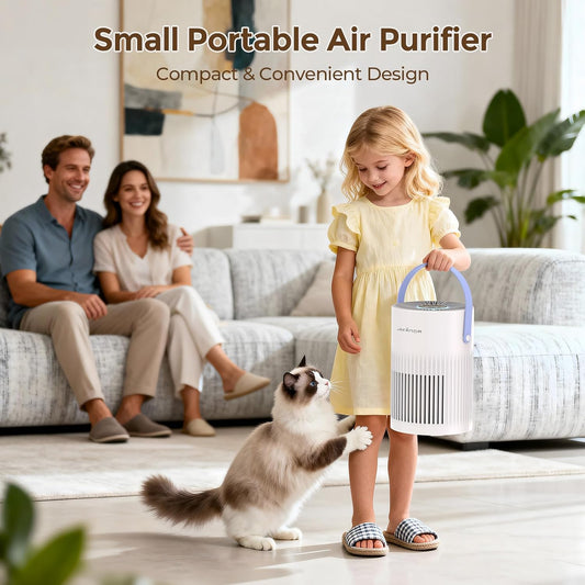 Compact HEPA Air Purifier for Bedroom and Home, Ultra Quiet 20 dB Sleep Mode, Portable Desk Air Cleaner with Handle, 3-Stage Filtration for Dust, Pollen, Pet Hair and Smoke, Ambient Light, White - PuriLite