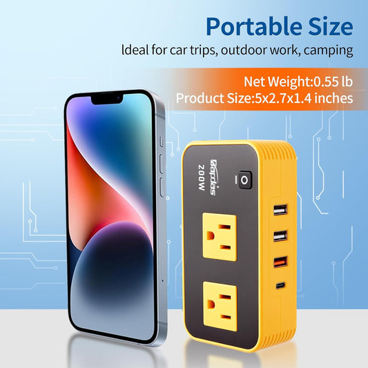 Bapdas 200W Car Power Inverter, DC 12V to 110V Car Charɡer Adapter with 20W USB-C/QC(18W)/4.8A Dual USB/Dual AC Outlet, Car Outlet Adapter Plug for Laptop - PuriLite