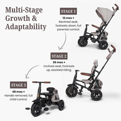 QPlay Rito Tricycle with Easy Folding Design | Portable, Compact, Air-Filled Tires | Parent-Controlled Push Trike for Kids 10 Months to 4+ Years | Premium Edition | Glacier Gray