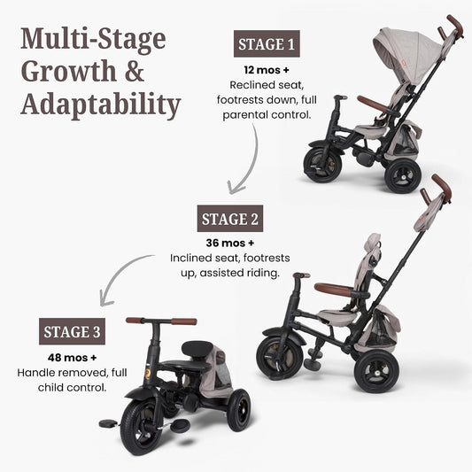 QPlay Rito Tricycle with Easy Folding Design | Portable, Compact, Air-Filled Tires | Parent-Controlled Push Trike for Kids 10 Months to 4+ Years | Premium Edition | Glacier Gray