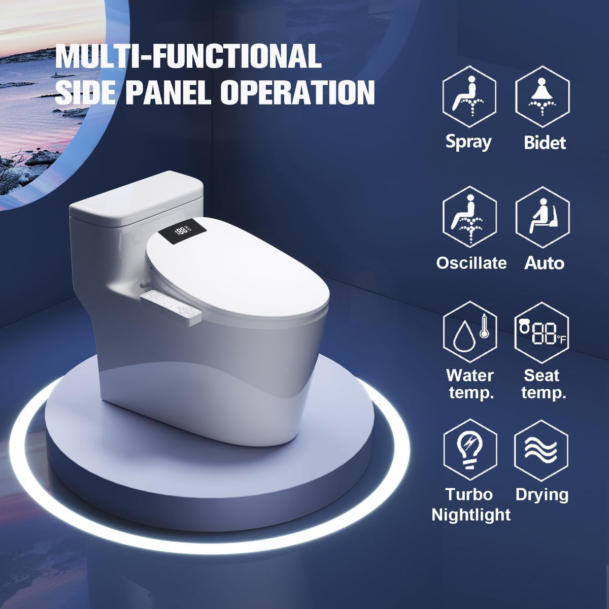 WLJBIDET Toilet Seat Bidet with Warm Water and Drying, O7L-1V, Elongated | Side Panel Control, Multiple Cleaning Modes, Adjustable Temperature, Soft Close Lid, LED Display, Nightlight