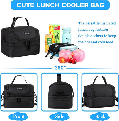 VASCHY Lunch Box Bag Men, Insulated Two Compartments Bento Cooler Bags for Adults/Women/Kids for School,Daycare,Kindergarten,Picnic Black