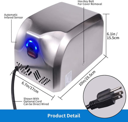 Goetland Stainless Steel Commercial Hand Dryer 1800w Automatic High Speed Heavy Duty Dull Polished