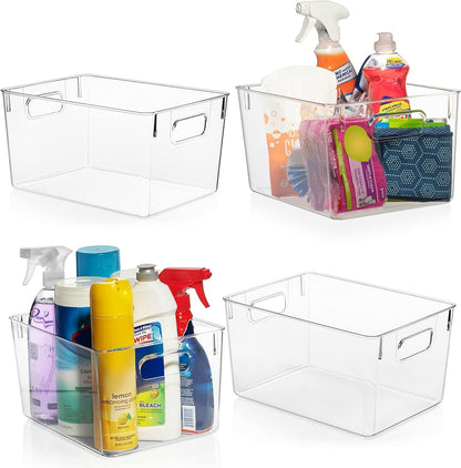 Clear Plastic Storage Bins for Pantry and Cabinet Organization – Stackable Storage Containers with Handles for Kitchen, Closet, Office and Freezer
