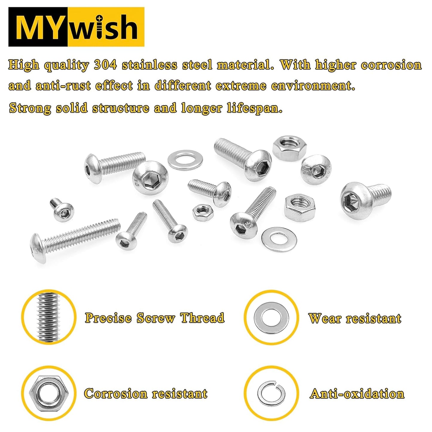 Mywish 900Pcs Metric Screw Assortment, M3 M4 M5 M6 Screw Assortment Kit 304 Stainless Steel Hex Socket Button Head Socket Cap Metric Screws Bolts & Flat Washers/Nuts/Hex Wrenches 16 Sizes 8MM to 20MM