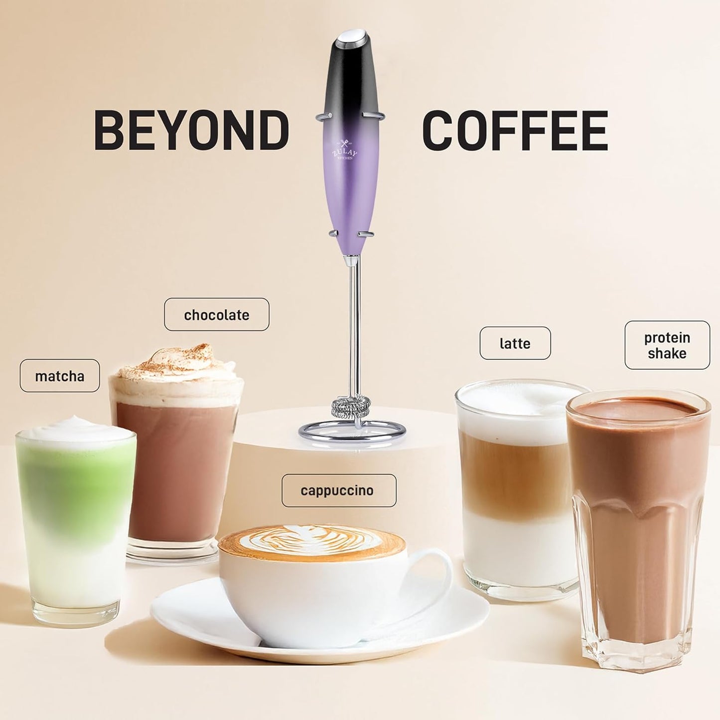 Zulay Kitchen Powerful Double Whisk Milk Frother Handheld - Foam Maker with Stand - Whisk Drink Mixer for Coffee, Mini Foamer for Latte, Matcha, Frappe, Hot Chocolate & Cappuccino (Black)