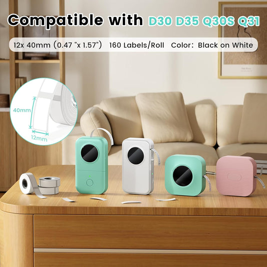 Phomemo D30 Thermal self-Adhesive Label, 3/8" X 1 1/2" (12mm X 40mm) 160 Labels/Roll, Compatible with Phomemo D30 Label Printer, Suitable for Home, Office, School, Black on White, 3 Roll - PuriLite