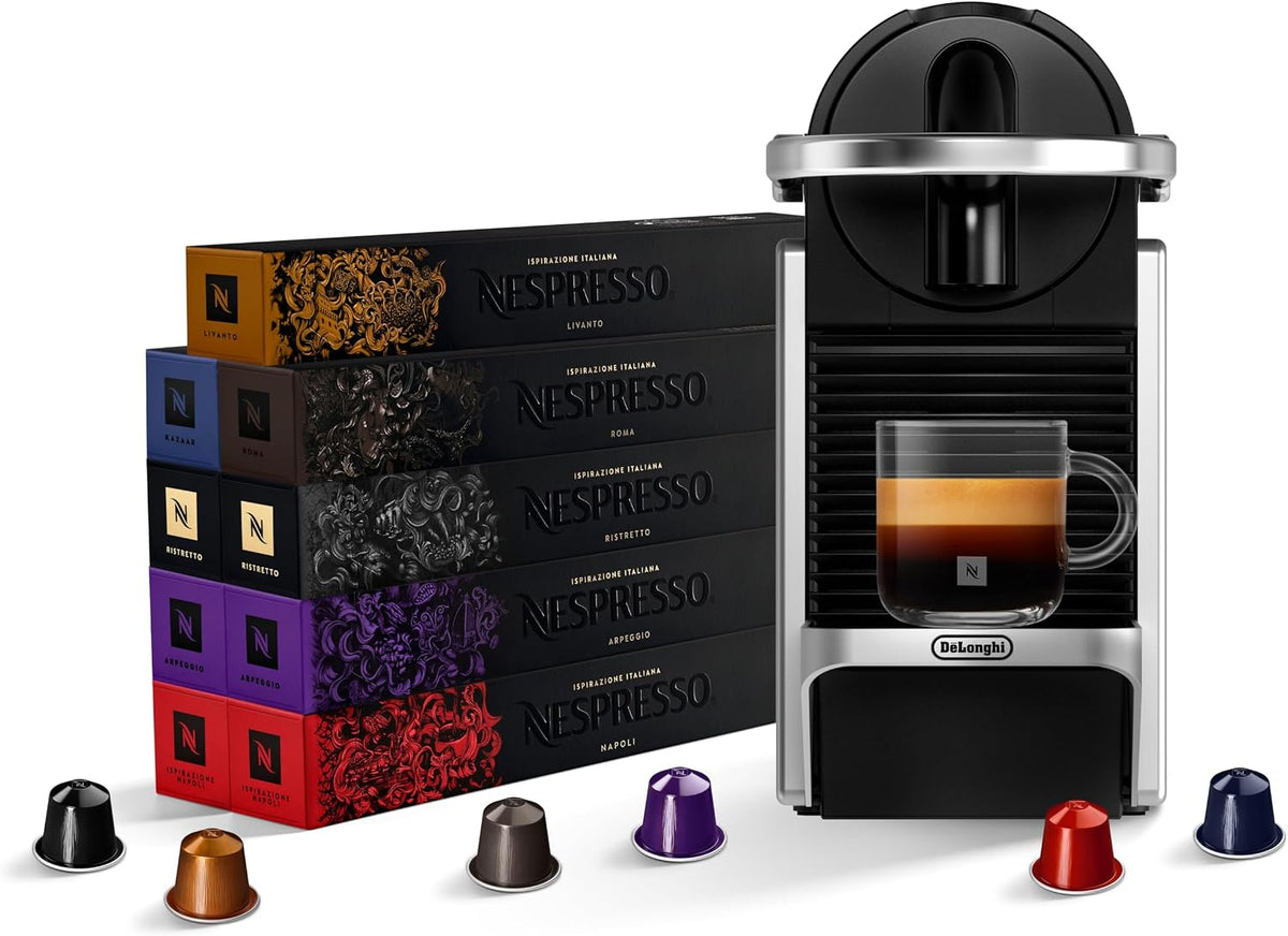 Nespresso Pixie Single Serve Pod Espresso Machine Aluminum By De'Longhi. Compact espresso machine, 19-bar pressure, fast heat-up, 2 cup sizes, brews the full range of espressos.