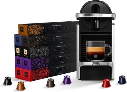 Nespresso Pixie Single Serve Pod Espresso Machine Aluminum By De'Longhi. Compact espresso machine, 19-bar pressure, fast heat-up, 2 cup sizes, brews the full range of espressos.