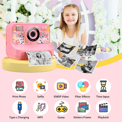 Instant Print Camera for Kids Age 3-12 Girls Boys 1080P Selfie HD Digital Video Cameras with 6 Print Paper & 32G Card Toddler Portable Travel Toys Camera for Christmas Birthday Gifts