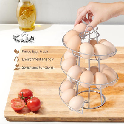 Flexzion Spiral Egg Skelter – Modern Countertop Egg Holder and Dispenser, Freestanding Wired Storage Rack for Fresh Eggs, Tower Display Stand, Silver, Holds Up to 20 Eggs - PuriLite