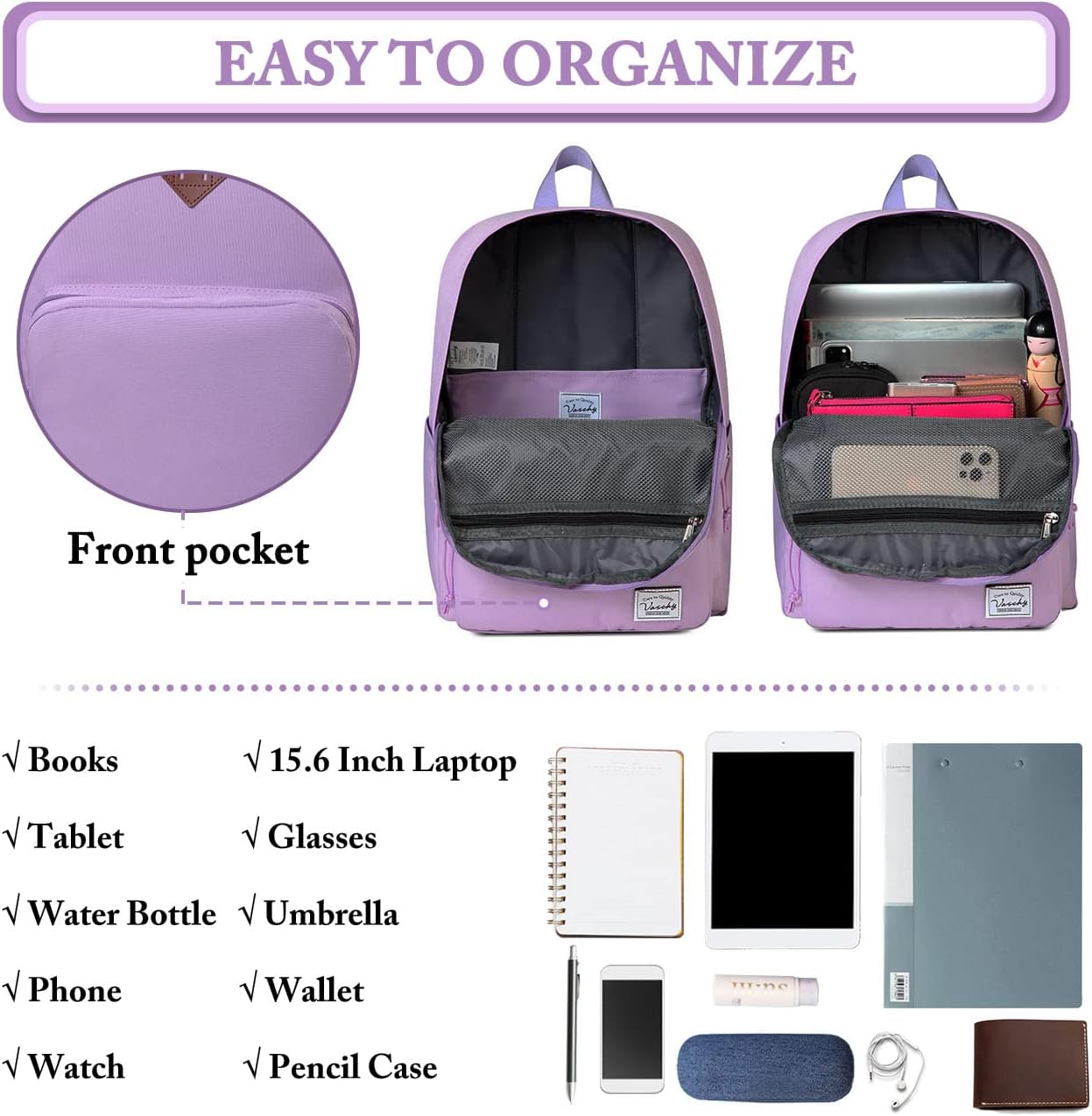 VASCHY Lightweight School Backpack for Women with Sleeve for 14" Laptop