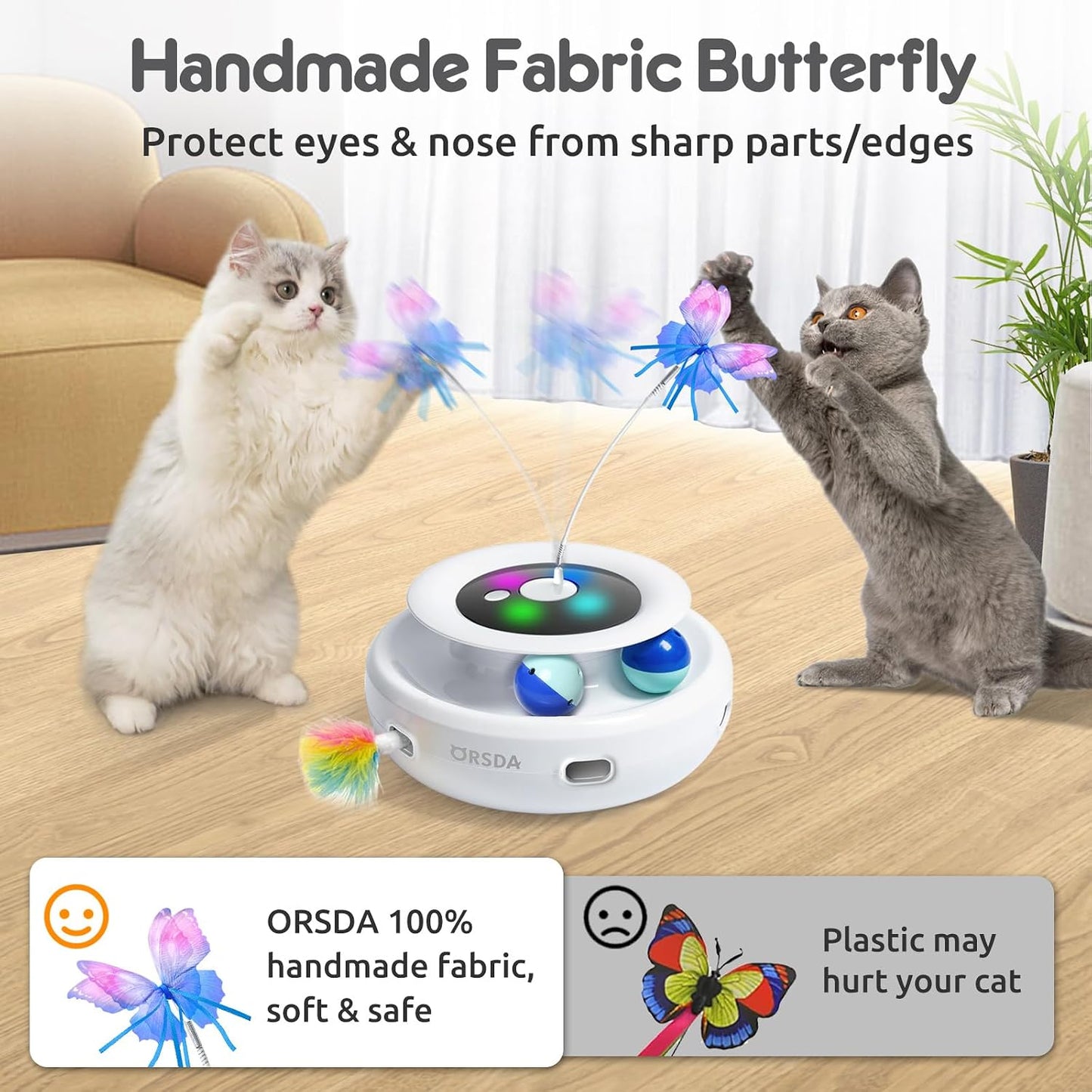 ORSDA Cat Toys Rechargeable, 3 in 1 Automatic Cat Toy, Moving Ambush Feather, Fluttering Butterfly, Track Balls, Whack a mole, with 4 Attachments