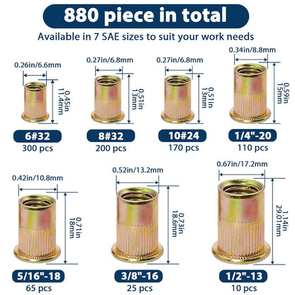 Vifmy Metric & SAE Rivet Nut Assortment Kit(420 Pcs),m3 m4 m5 m6 m8 m10 m12#6-32#8-32#10-24 1/4"-20 5/16"-18 3/8"-16 UNC Flat Head Rivnut Set,Zinc Plated Finish Carbon Steel Nutsert