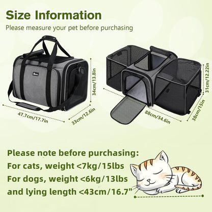Pecute Cat Carrier Expandable 47x34x33cm, Dog Carrier Foldable, Pet Carrier with Breathable Mesh for Small to Medium Cats and Dogs, Used for Traveling, Camping, Going to The Vet Gray