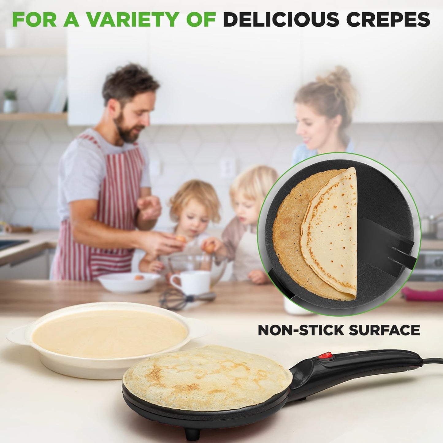 NutriChef Electric Crepe Maker, Cooks Roti, Tortillas, Pancakes, Nonstick Cooktop, 8-inch Cook Area On/Off Switch, Automatic Temperature Control & Cool Touch Handle, Includes Food Bowl, Whisk, Spatula
