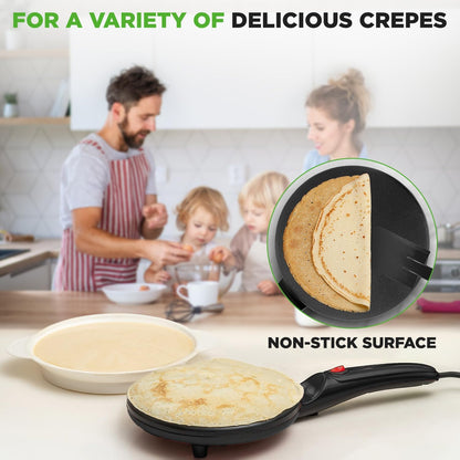 NutriChef Electric Crepe Maker, Cooks Roti, Tortillas, Pancakes, Nonstick Cooktop, 8-inch Cook Area On/Off Switch, Automatic Temperature Control & Cool Touch Handle, Includes Food Bowl, Whisk, Spatula