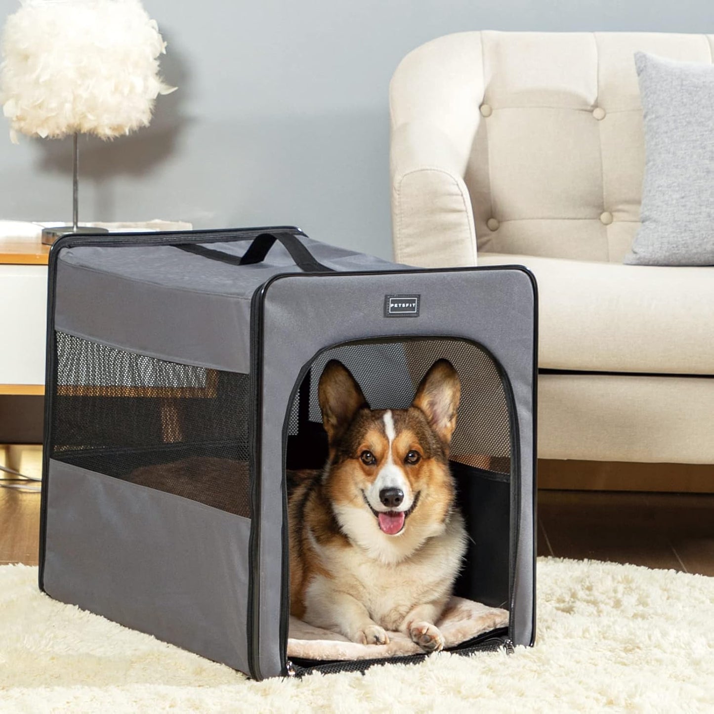 PETSFIT Soft Sided Dog Crate, Travel Dog Crate - 19 Inch Lightweight, Roomy, Easy to Set Up, Sturdy Portable Dog Kennel with Thick Mat, Navy Blue