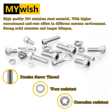 Mywish 900Pcs Metric Screw Assortment, M3 M4 M5 M6 Screw Assortment Kit 304 Stainless Steel Hex Socket Button Head Socket Cap Metric Screws Bolts & Flat Washers/Nuts/Hex Wrenches 16 Sizes 8MM to 20MM