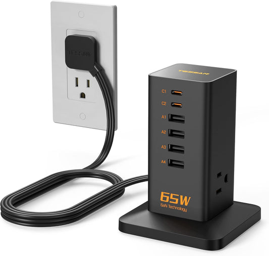 Charging Station, TESSAN 65W Max GaN USB C Charger Block, 6-Ports and 3 AC Outlets Power Tower, Fast Charging for Multiple Devices, Compatible with iPhone, Samsung and More