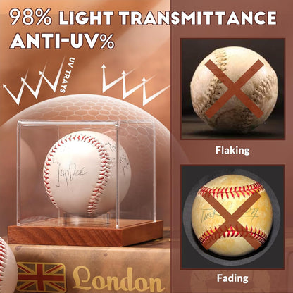 JupDec Baseball Display Case, Clear Cube Baseball Holder with Wooden Base, Autograph Baseball Stand Box for Single Ball, Acacia Wood, Brown, 1 Pack