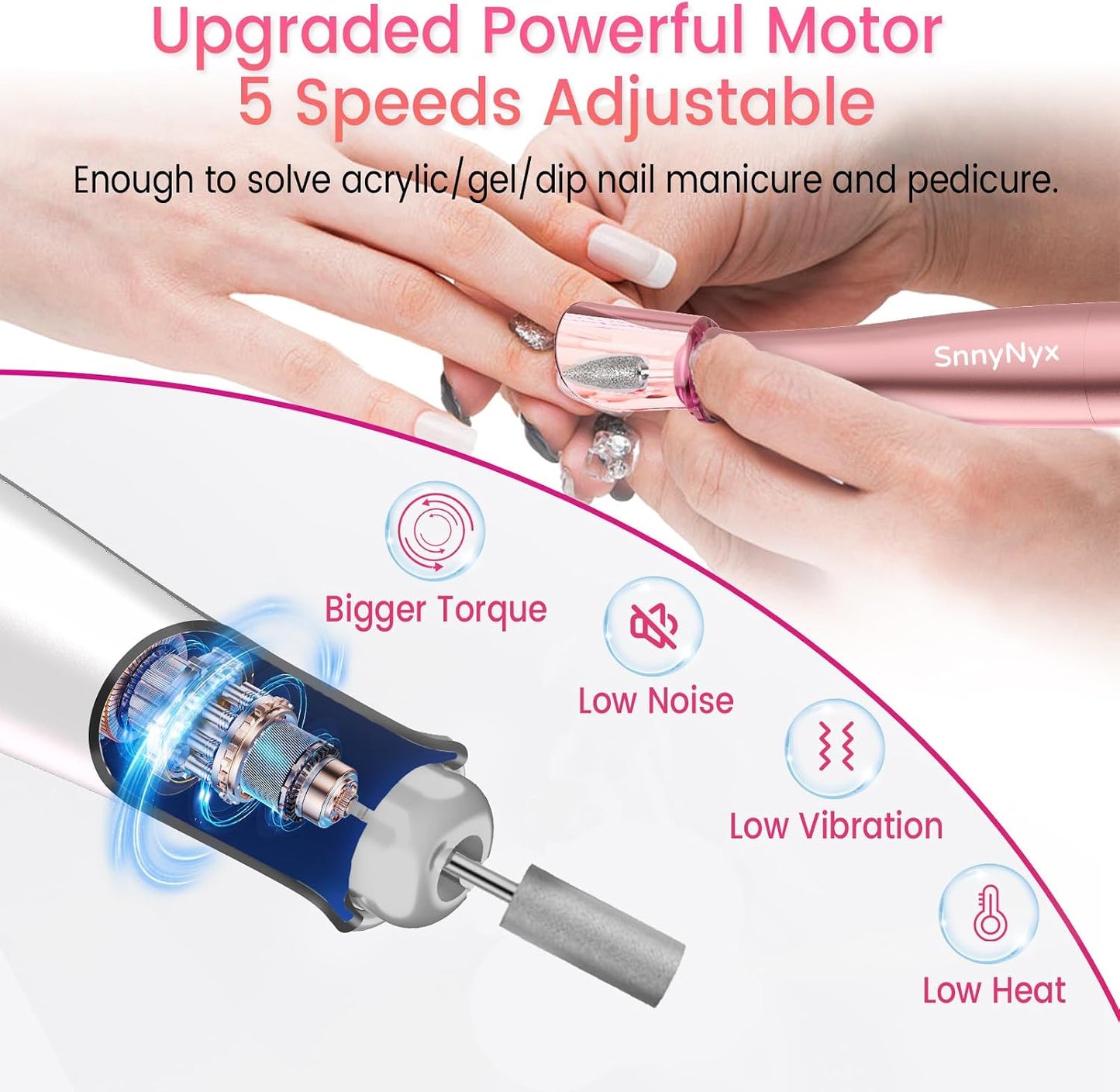 Cordless Electric Nail Drill 35000 RPM, Professional Portable Nail File for Acrylic Nails & Gel Polish Removal, Low Vibration & Heat E-file with 11 Drill Bits, Salon-Quality Manicure Pedicure Kit (Rose Pink）