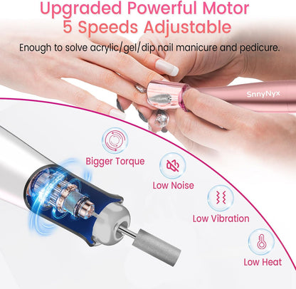 Cordless Electric Nail Drill 35000 RPM, Professional Portable Nail File for Acrylic Nails & Gel Polish Removal, Low Vibration & Heat E-file with 11 Drill Bits, Salon-Quality Manicure Pedicure Kit (Rose Pink）