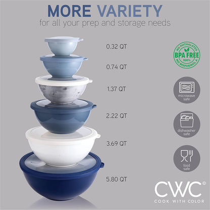 COOK WITH COLOR Mixing Bowls with TPR Lids - 12 Piece Plastic Nesting Bowls Set Includes 6 Prep Bowls and 6 Lids, Microwave Safe Mixing Bowl Set (Mint)