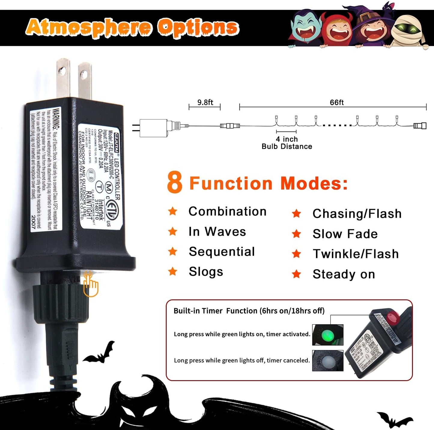 JMEXSUSS 66ft 200 LED Halloween Lights Outdoor, Orange String Lights Clear Wire, 8 Modes Orange Halloween Christmas String Lights Plug in for Tree Indoor Patio Garden Thanksgiving Decorations