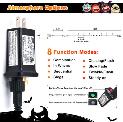 JMEXSUSS 66ft 200 LED Halloween Lights Outdoor, Orange String Lights Clear Wire, 8 Modes Orange Halloween Christmas String Lights Plug in for Tree Indoor Patio Garden Thanksgiving Decorations