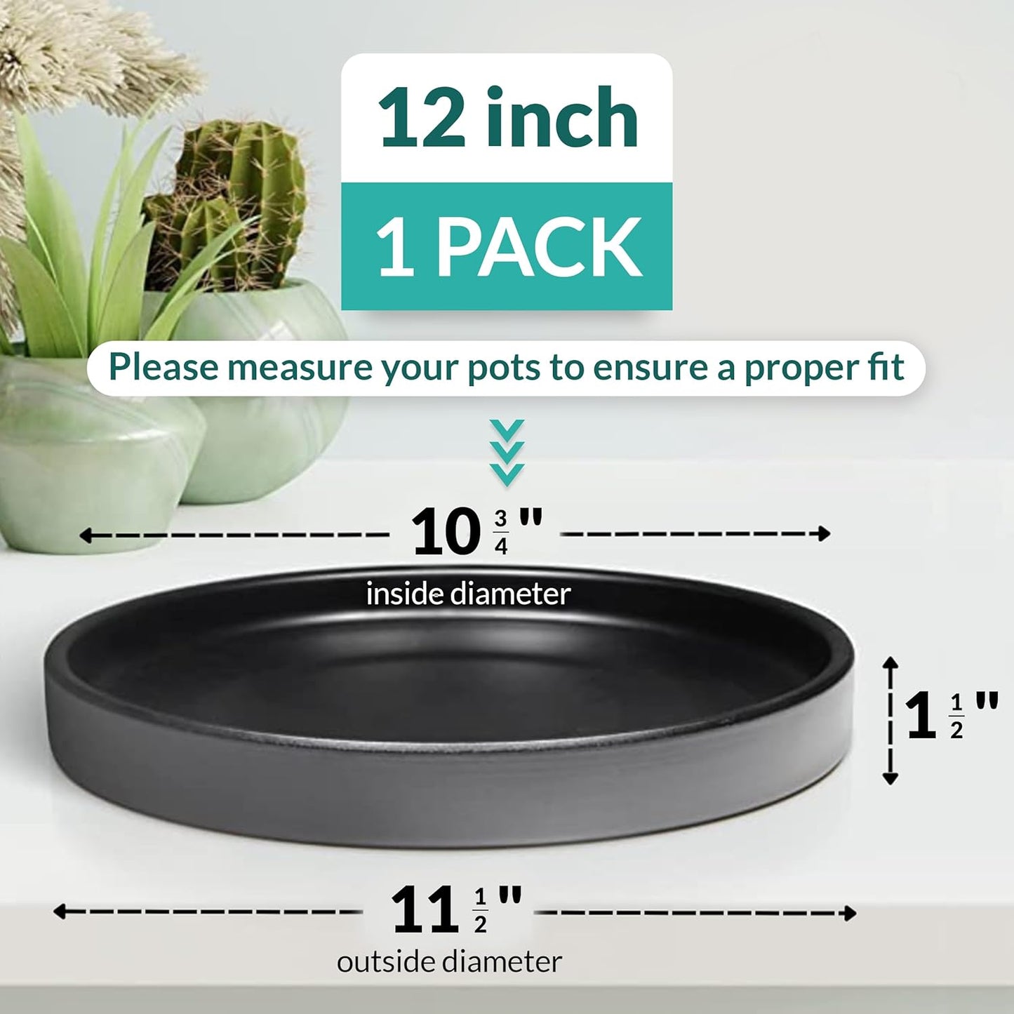 Heavy Duty Ceramic Black Plant Saucer - with Silicone Feet for Added Surface Protection - Scratch-Resistant Plant Drip Trays for Pots 8.3" at the Base or Less, Plant Plate, 7-8 Inch Plant Saucer